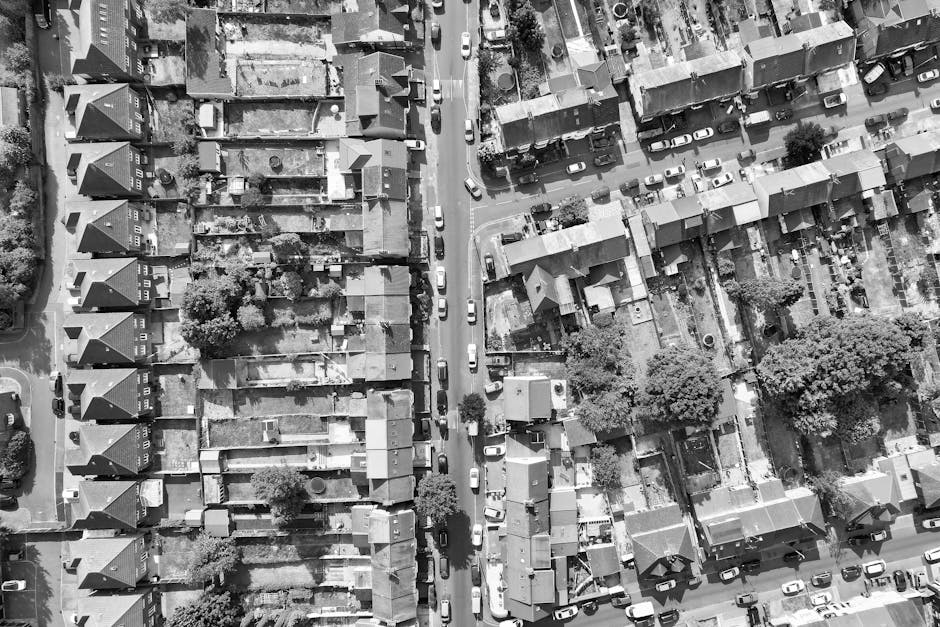 Aerial black-and-white photograph showing a narrow street in Wood Green during a home relocation process, with multiple vehicles parked along the sides. A man with a white van from Man With a Van Wood Green is visible parked on the pavement, adjacent to the entrance of a residential property. In front of the van, several cardboard boxes, wrapped furniture, and packing materials like plastic wrap are being loaded or unloaded while a person is carrying a box towards the house. The street is lined with terraced houses and small trees, with some parked cars and a few people in the background. The scene captures the logistics of furniture transport and packing during a house removal across tight urban streets, highlighting the importance of careful loading and space management for moving projects.