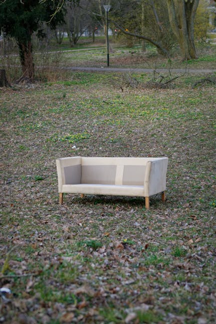 An indoor beige fabric sofa with wooden legs is situated outdoors on a patch of grass and soil, surrounded by scattered leaves and small plants. The sofa appears to be part of a house move, possibly being prepared for transport or disposal as part of a home relocation process. Behind the sofa, there are trees with green and yellow foliage, indicating a park or garden setting, and a pathway with a lamp post in the background. The lighting suggests daytime with natural light illuminating the scene. The image emphasizes the contrast between indoor furniture and an outdoor environment, illustrating the kind of furniture that might be involved in furniture transport or stripping out during house removals handled by companies like Man With a Van Wood Green, especially when considering options for charity, council disposal, or van transportation during a relocation. The scene captures the process of furniture being moved or staged outside in preparation for a safe and efficient loading process, highlighting logistical aspects of house removals.